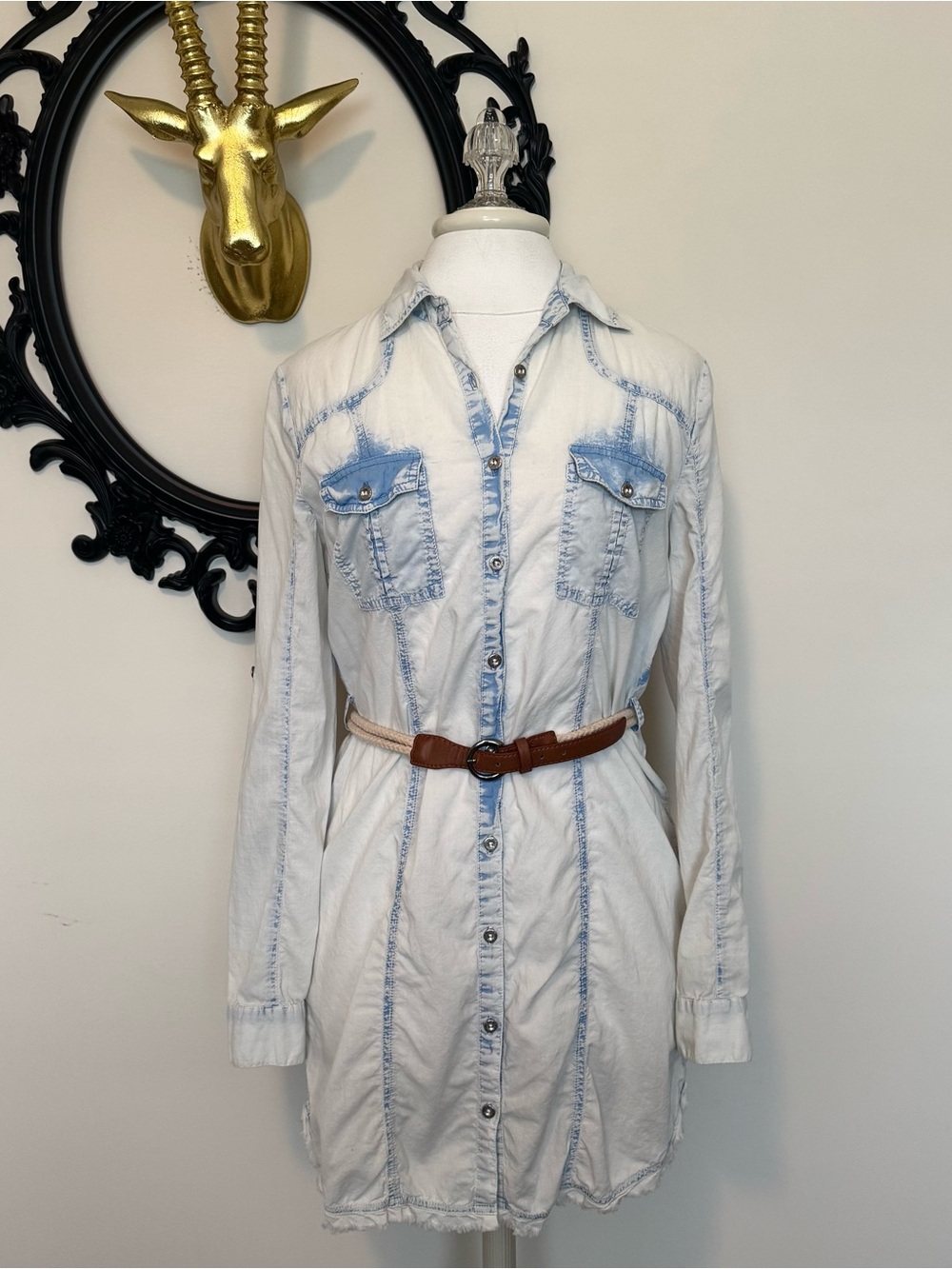 White Crow Light Wash Denim Style Shirt Dress with Belt
